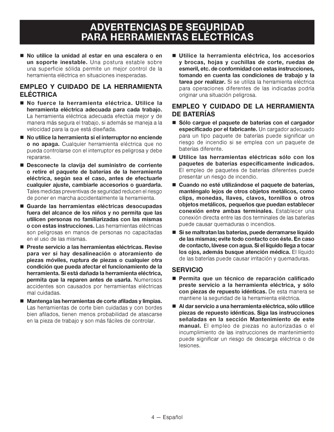 Ryobi P240 Empleo Y Cuidado DE LA Herramienta Eléctrica, Empleo Y Cuidado DE LA Herramienta DE Baterías, Servicio 