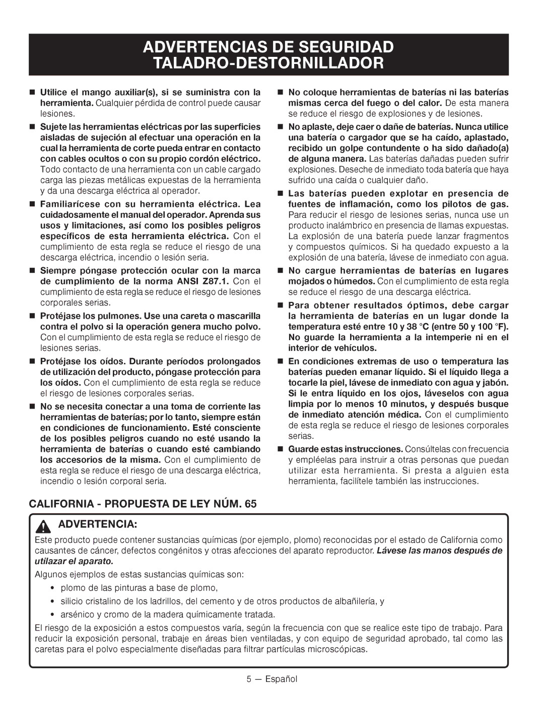 Ryobi P240 Advertencias DE Seguridad TALADRO-DESTORNILLADOR, California Propuesta DE LEY NÚM Advertencia 