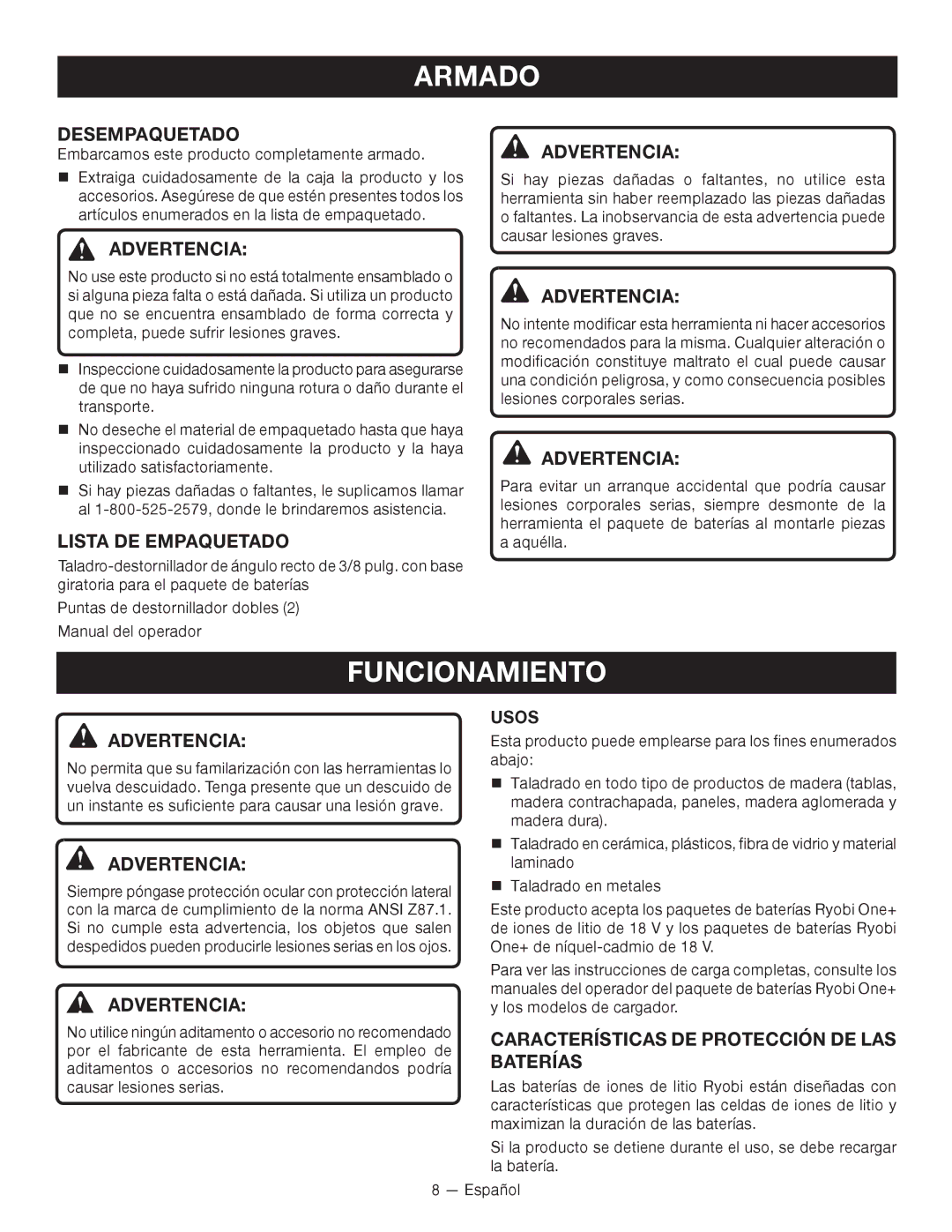 Ryobi P240 Armado, Funcionamiento, Desempaquetado, Lista DE Empaquetado, Características DE Protección DE LAS Baterías 