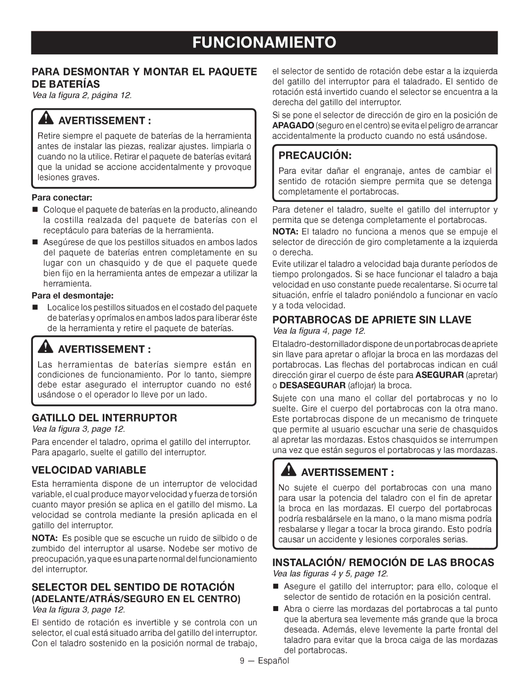 Ryobi P240 manuel dutilisation INSTALACIÓN/ Remoción DE LAS Brocas, Vea la figura 4, Vea las figuras 4 y 5 