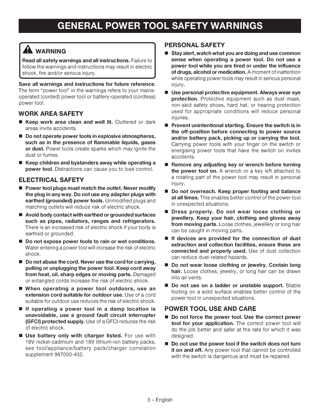 Ryobi P240 manuel dutilisation General Power Tool Safety Warnings, Work Area Safety, Electrical Safety, Personal Safety 