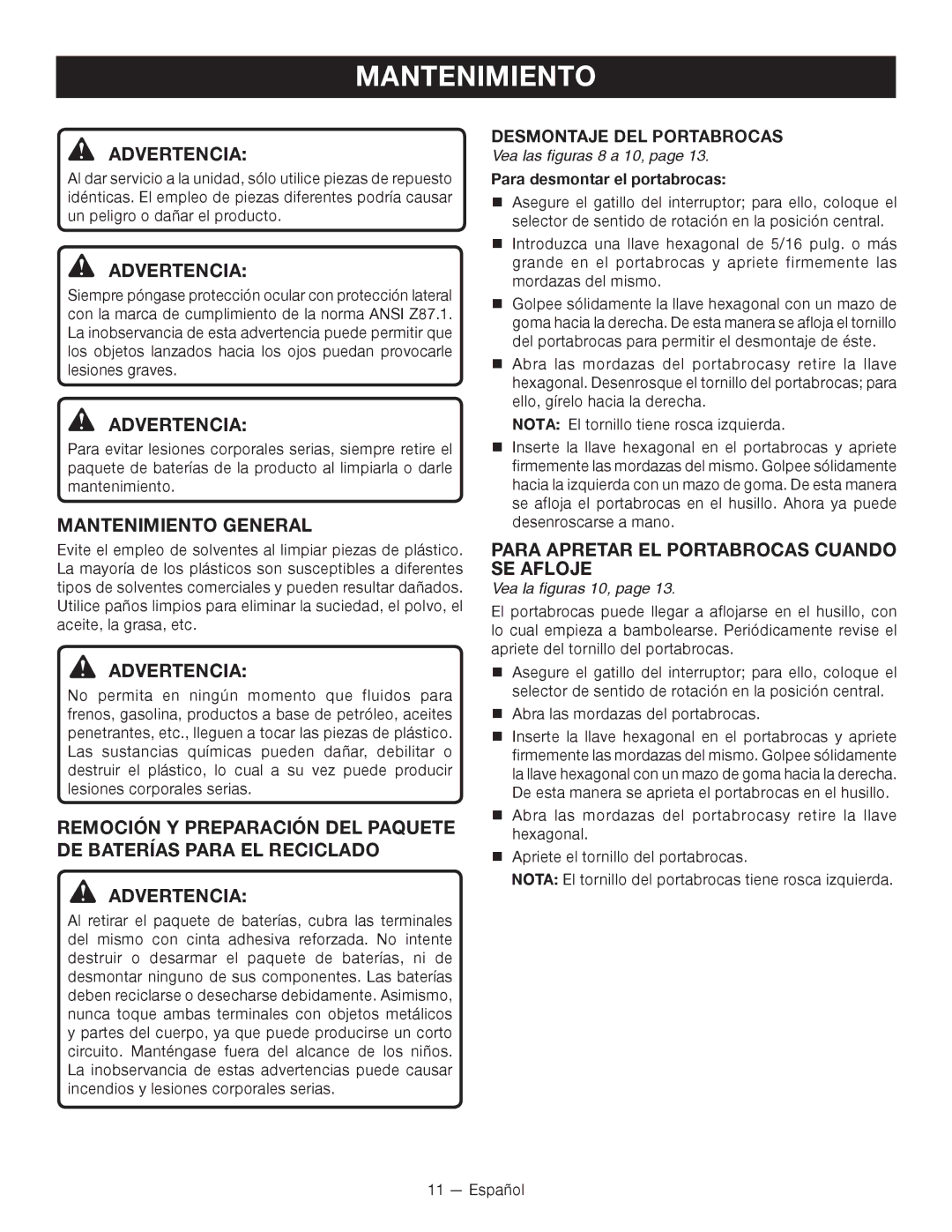 Ryobi P240 Mantenimiento General, Para Apretar EL Portabrocas Cuando SE Afloje, Desmontaje DEL Portabrocas 