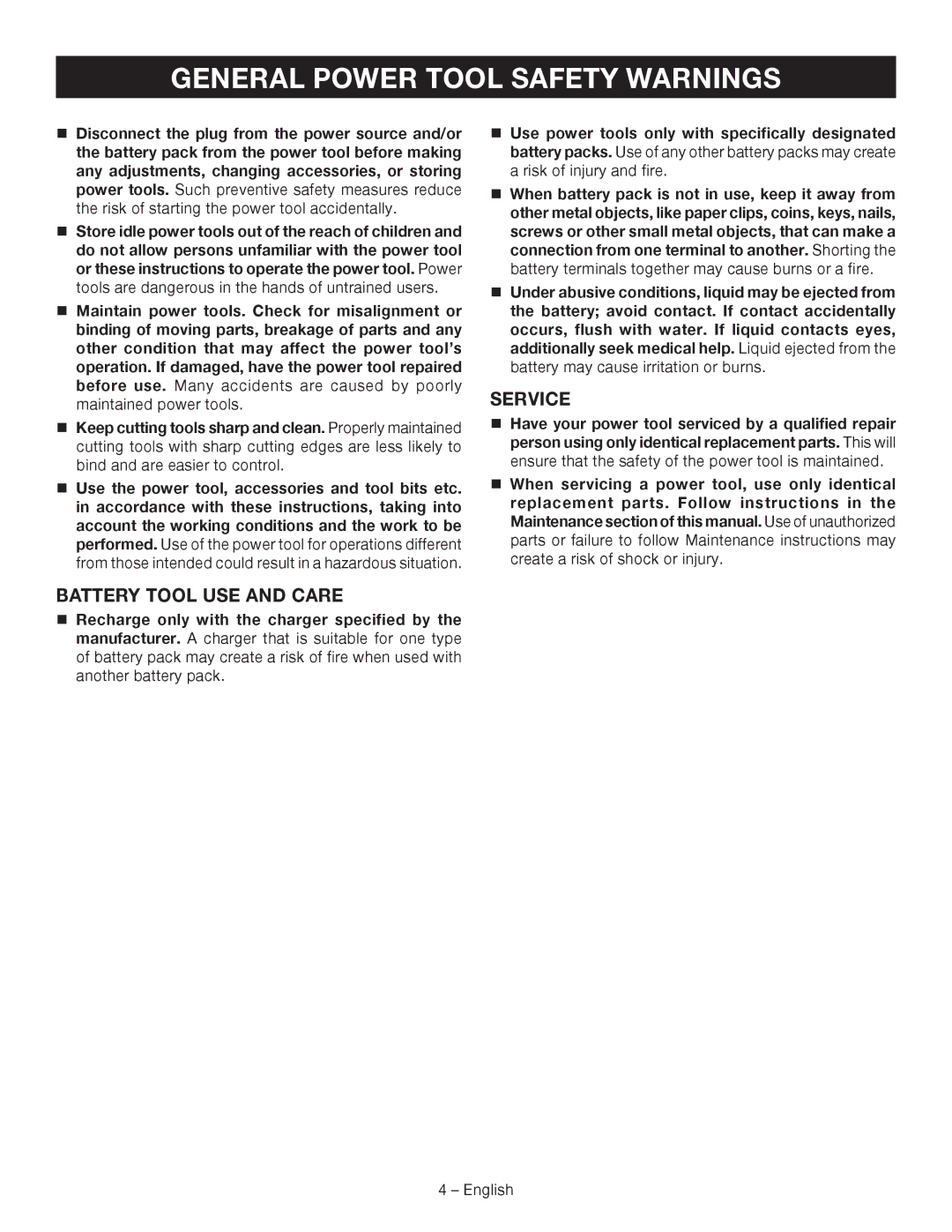 Ryobi P240 manuel dutilisation Battery Tool USE and Care, Service 