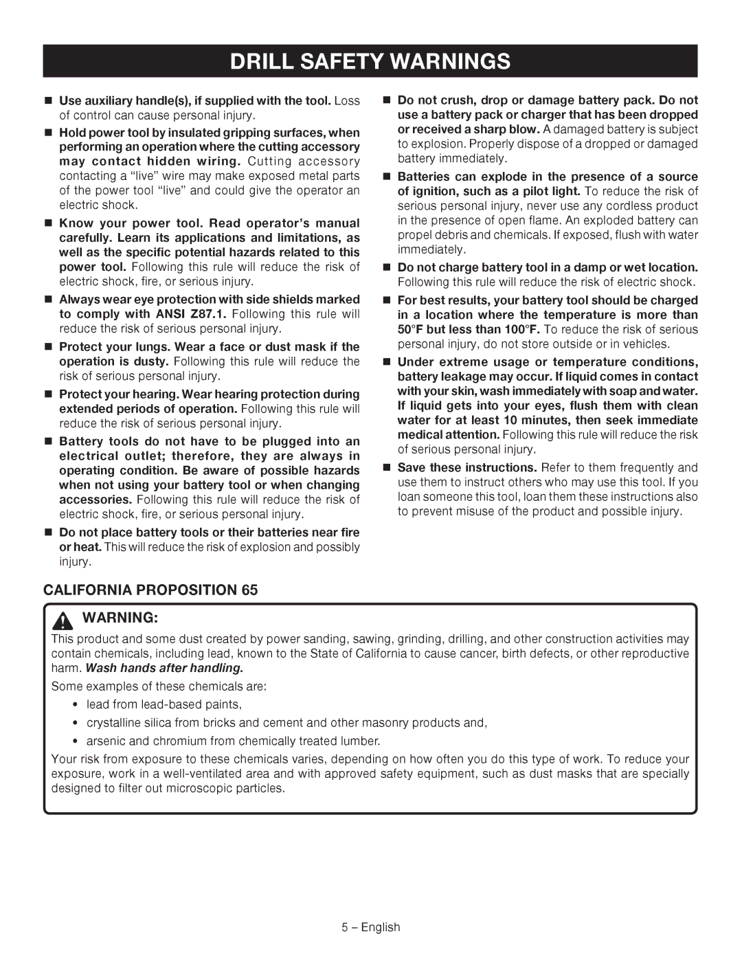 Ryobi P240 manuel dutilisation Drill Safety Warnings, California Proposition 