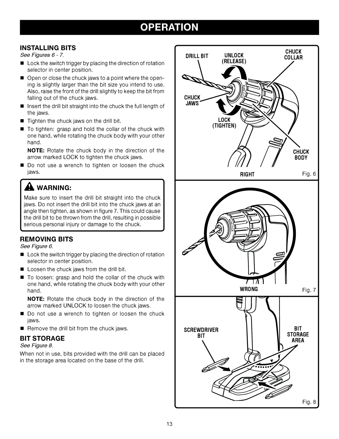 Ryobi P240 manual Installing Bits, Removing Bits 