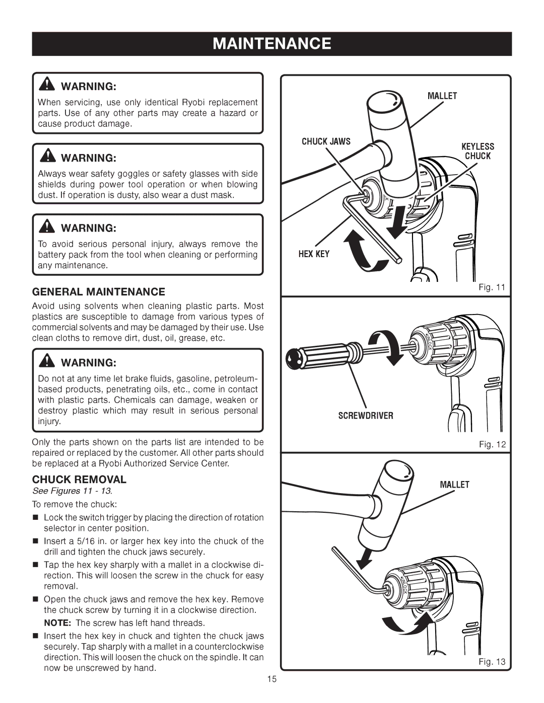 Ryobi P240 manual General Maintenance, Chuck Removal 