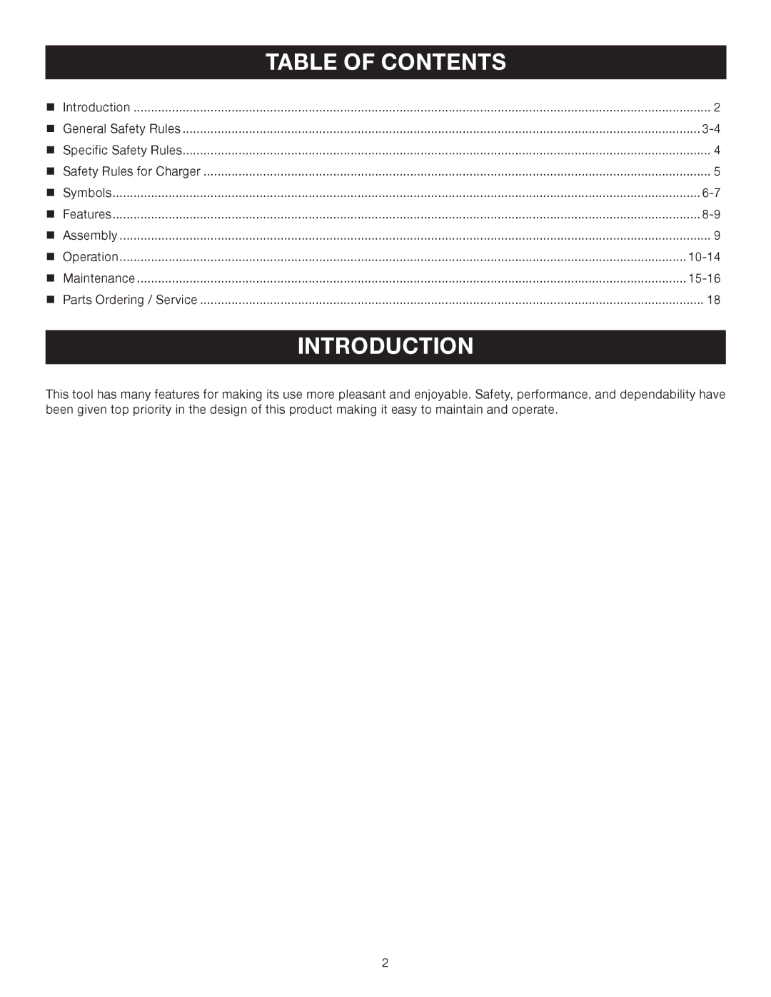 Ryobi P240 manual Introduction, Table of Contents 