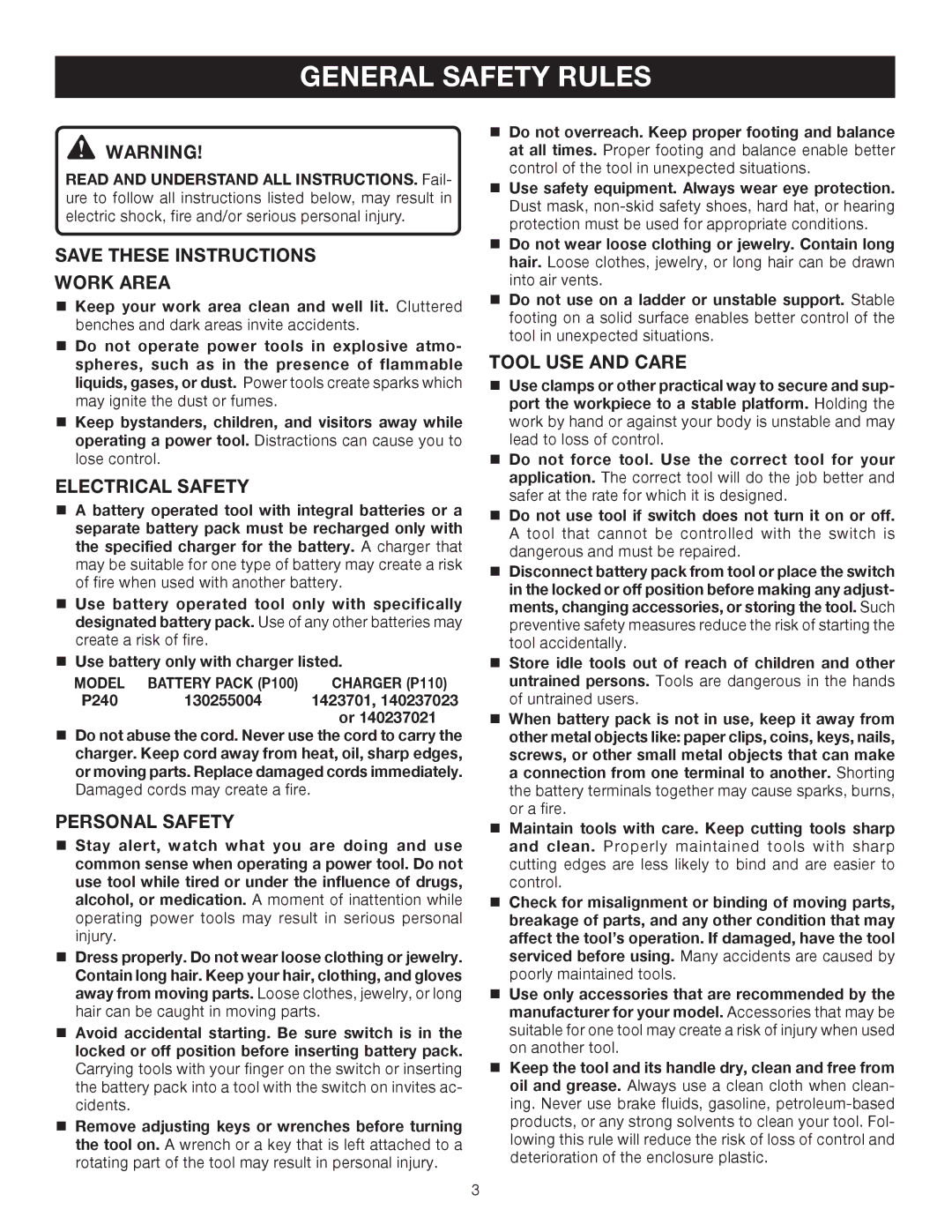 Ryobi P240 manual General Safety Rules, Work Area, Electrical Safety, Personal Safety, Tool USE and Care 