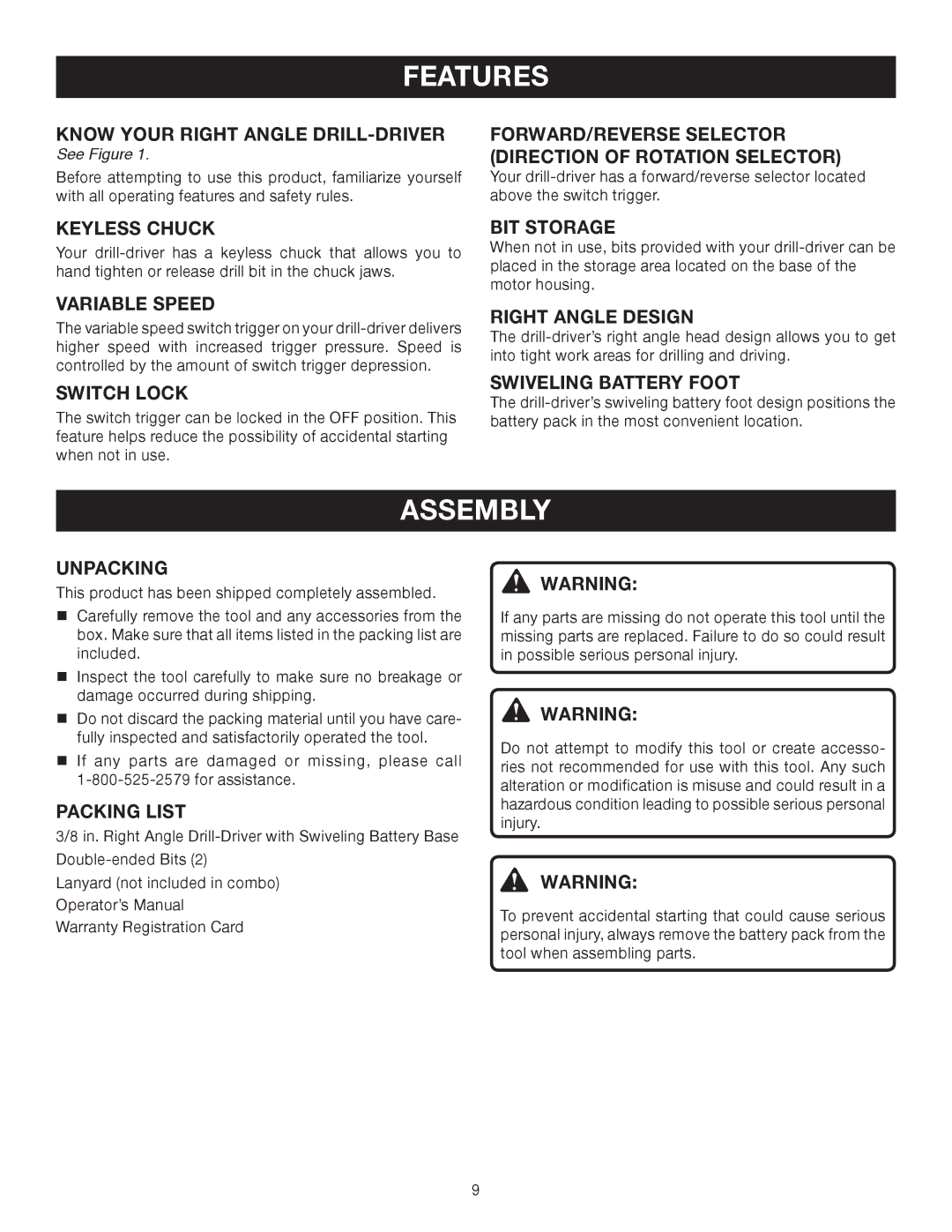 Ryobi P240 manual Features, Assembly 