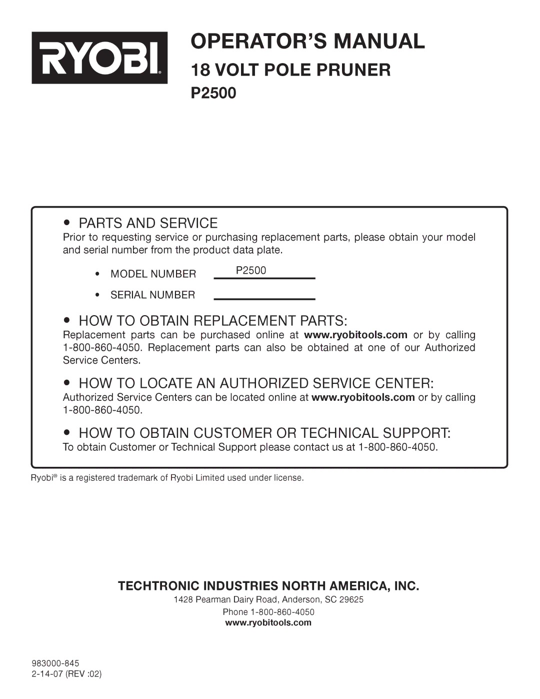 Ryobi P2500 manual Parts and Service 