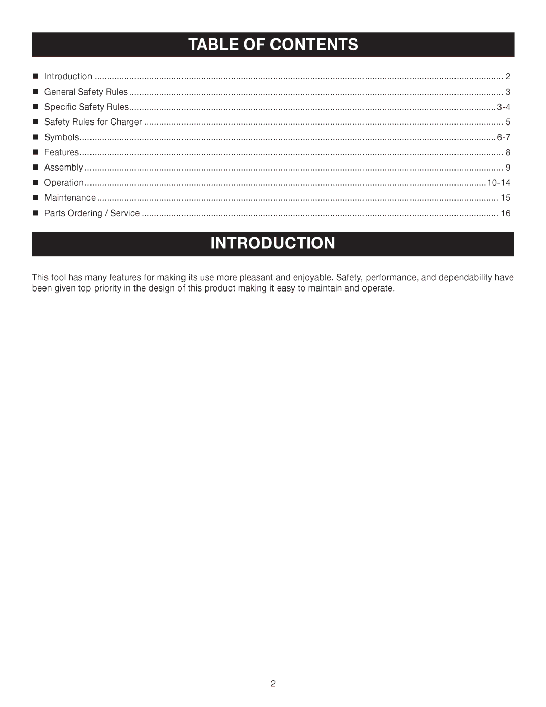 Ryobi P2500 manual Introduction, Table of Contents 