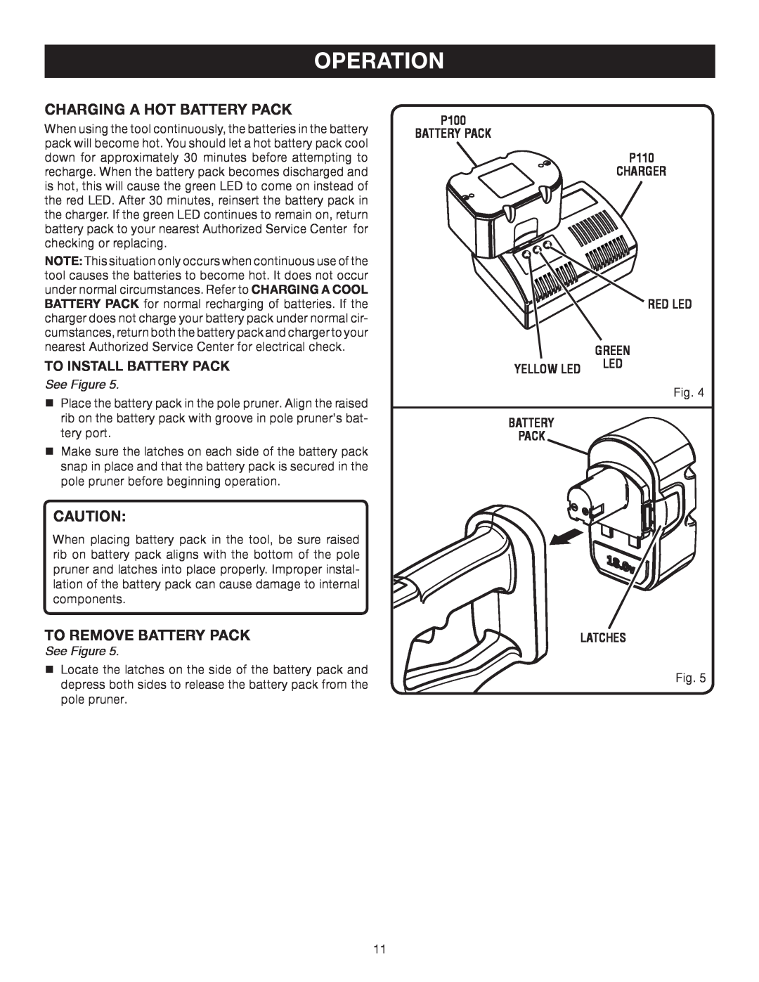 Ryobi P2500 manual Charging A Hot Battery Pack, To Remove Battery Pack, Operation, To Install Battery Pack, See Figure 
