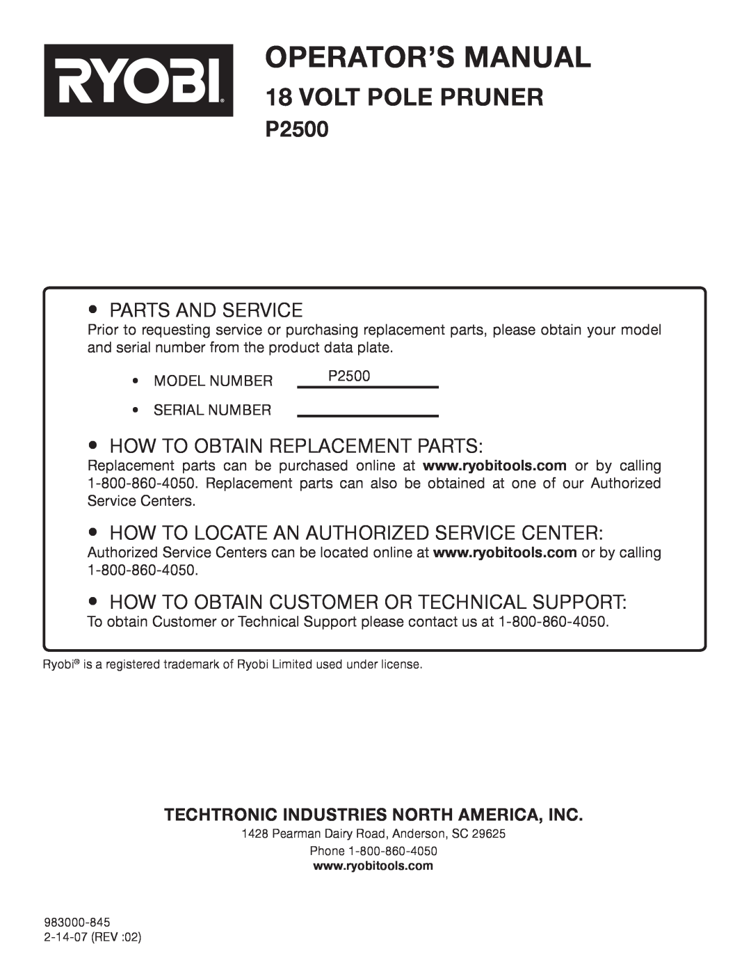 Ryobi P2500 manual Techtronic Industries North America, Inc, Operator’S Manual, Volt Pole Pruner, Parts And Service 