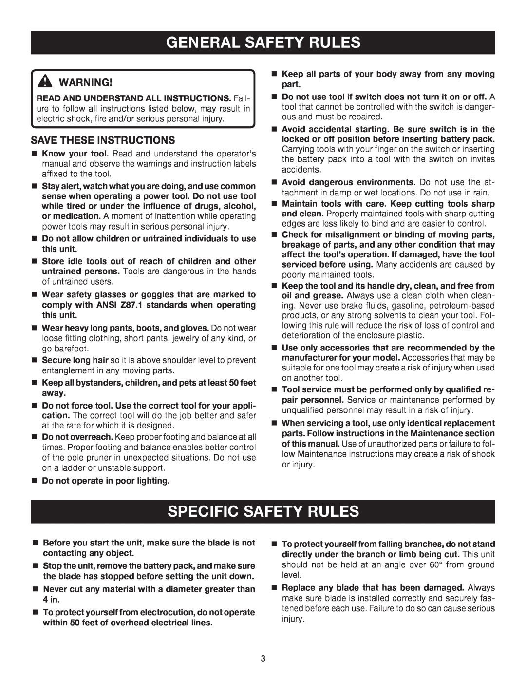 Ryobi P2500 manual General Safety Rules, Specific Safety Rules, Save These Instructions 