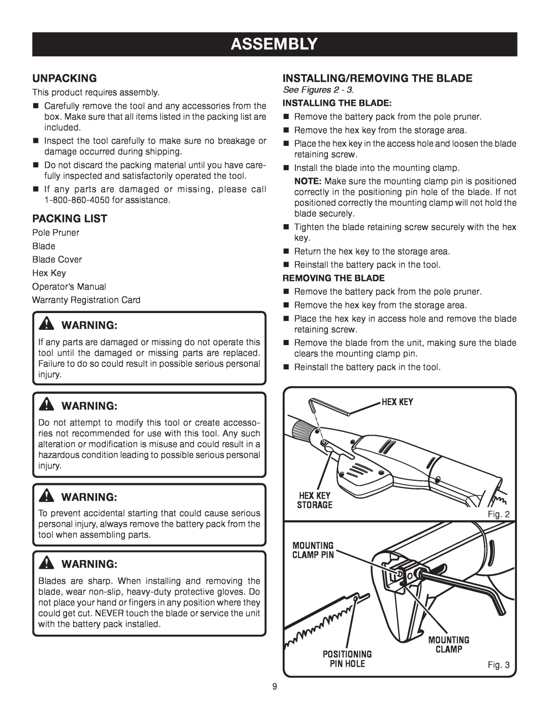 Ryobi P2500 manual Assembly, Unpacking, Packing List, Installing/Removing The Blade, See Figures 