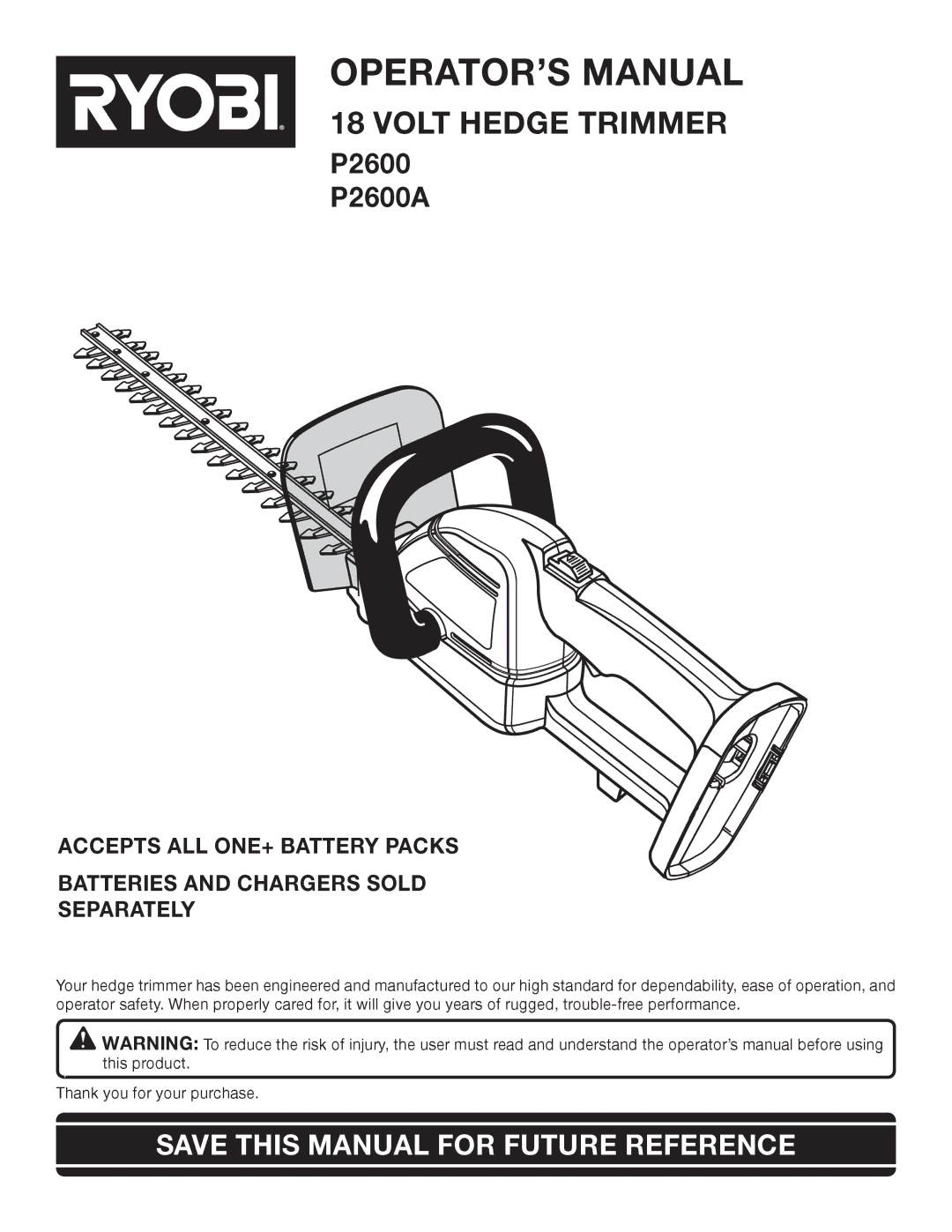 Ryobi P2600A manual OPERATOR’S Manual, Save this Manual for Future Reference 