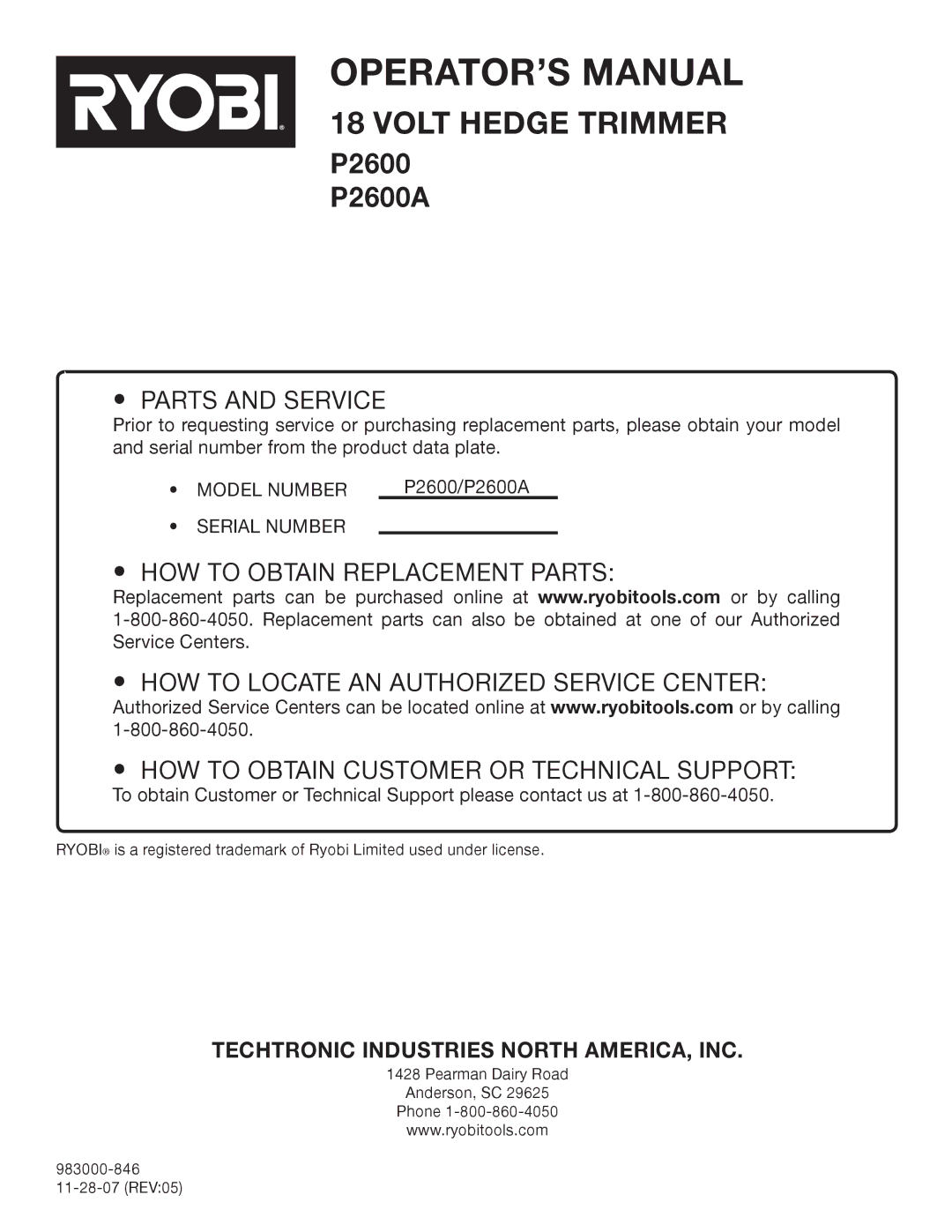 Ryobi P2600A manual Parts and Service 