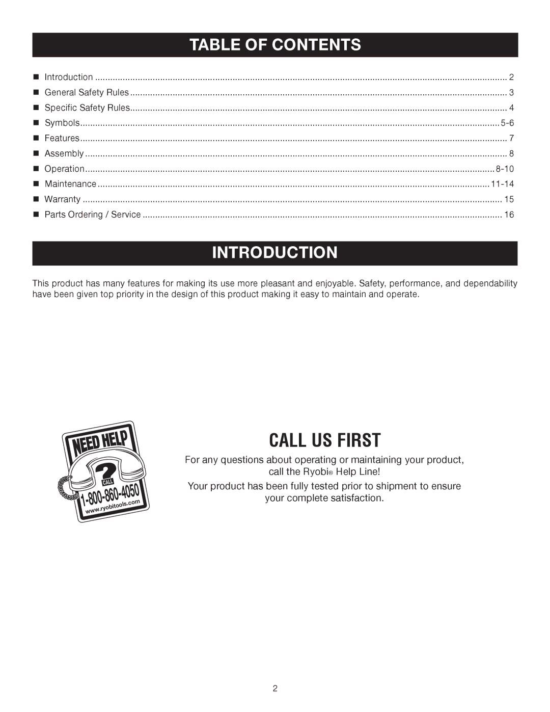 Ryobi P2600A manual Introduction, Table of Contents 