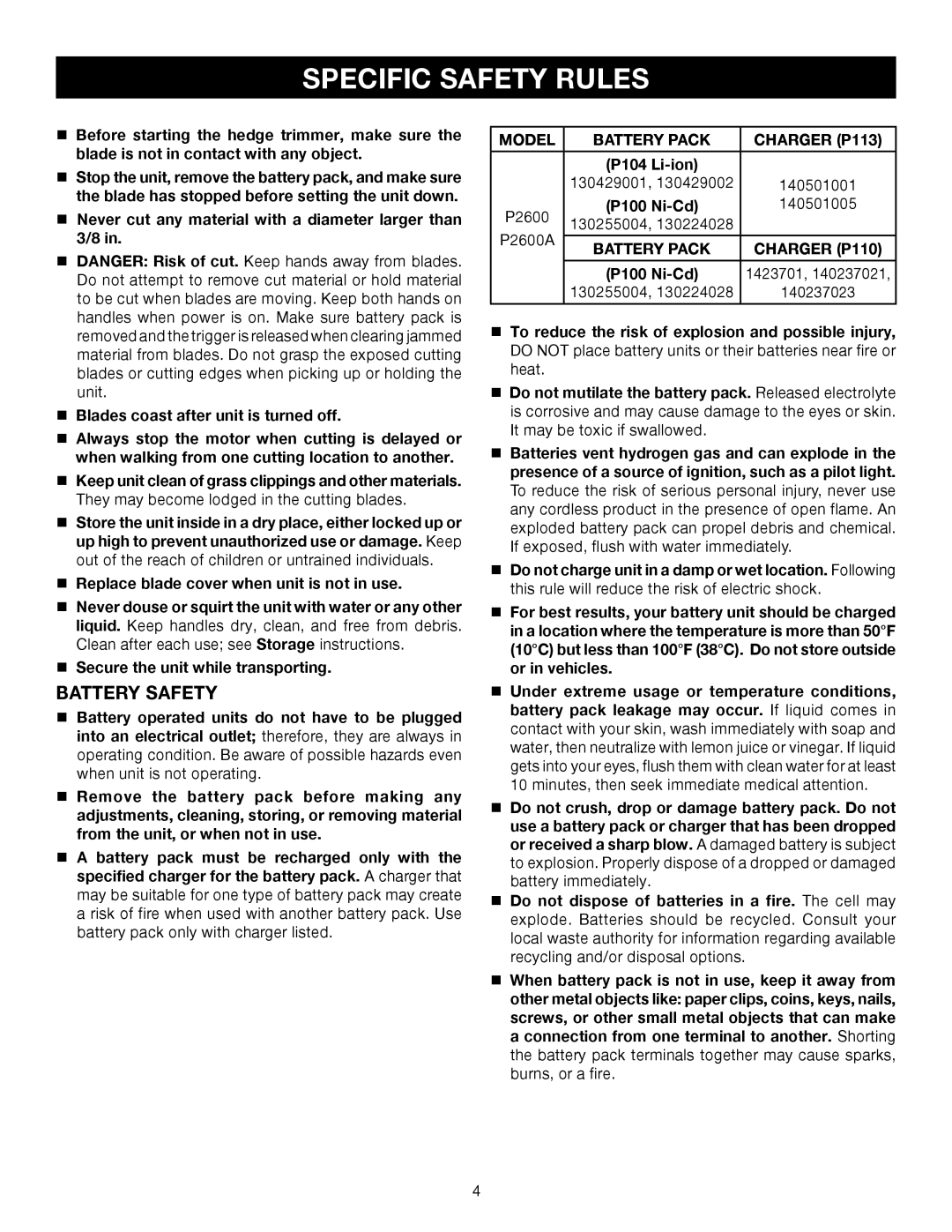 Ryobi P2600A manual Specific Safety Rules, Battery Safety 