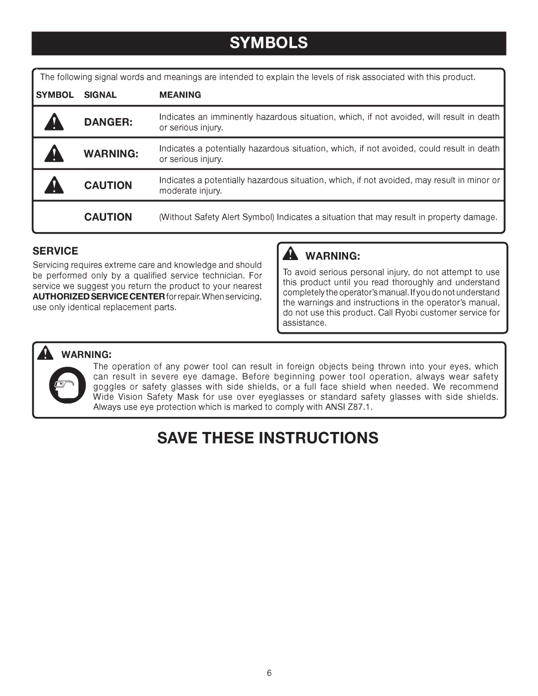 Ryobi P2600A manual Service, Symbol Signal Meaning 