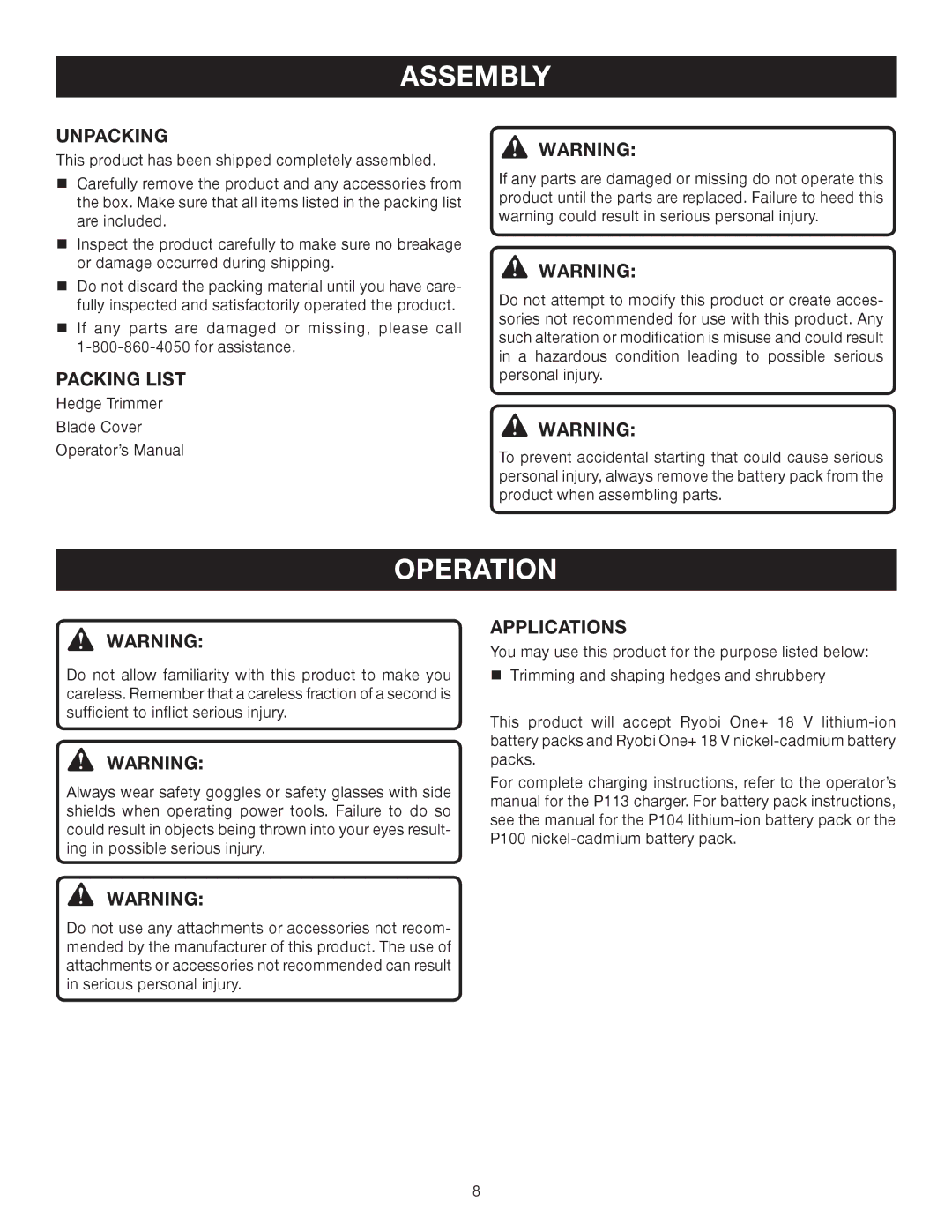 Ryobi P2600A manual Assembly, Operation, Unpacking, Packing List, Applications 