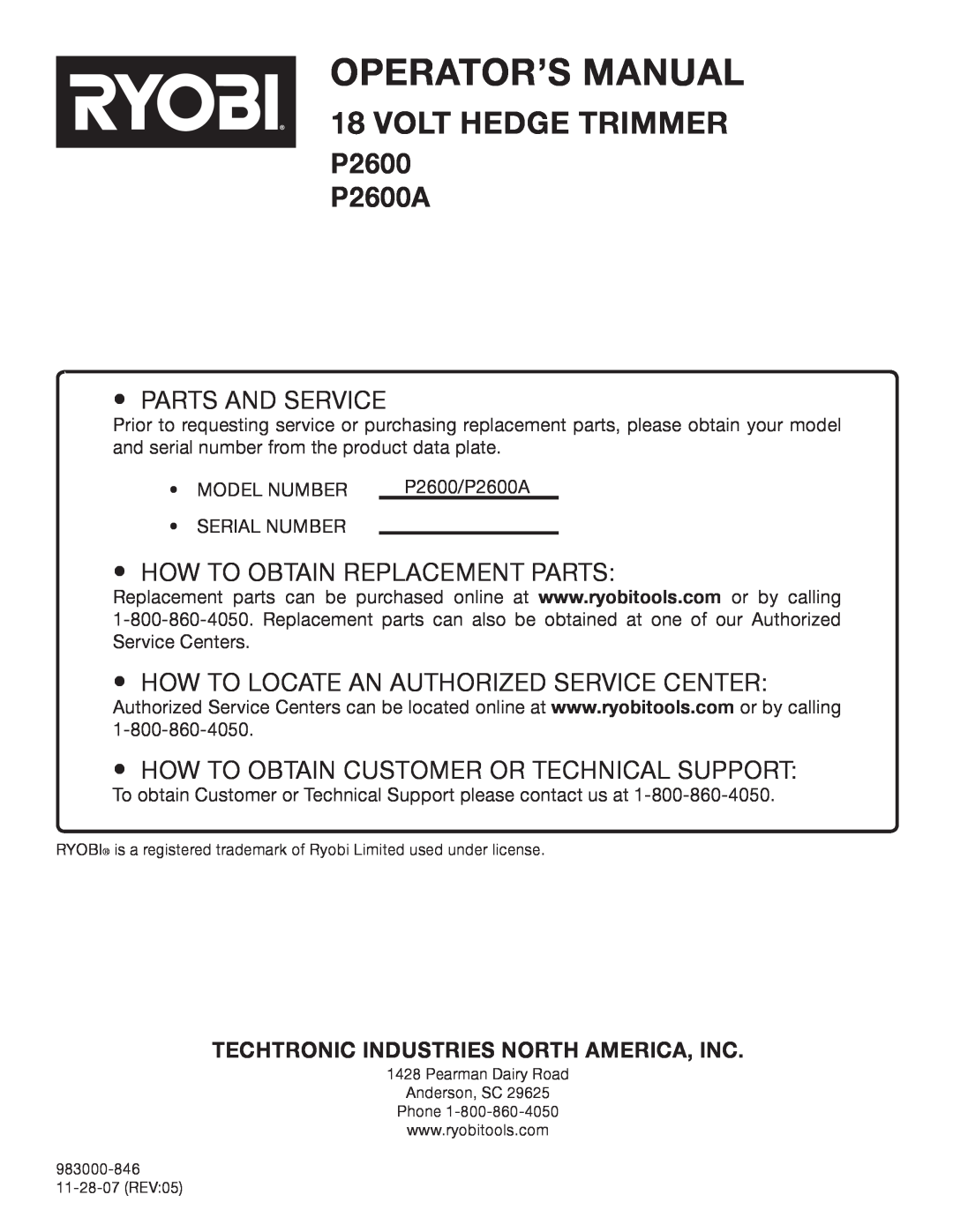 Ryobi Techtronic Industries North America, Inc, Operator’S Manual, volt HEDGE TRIMMER, p2600 P2600A, Parts and Service 