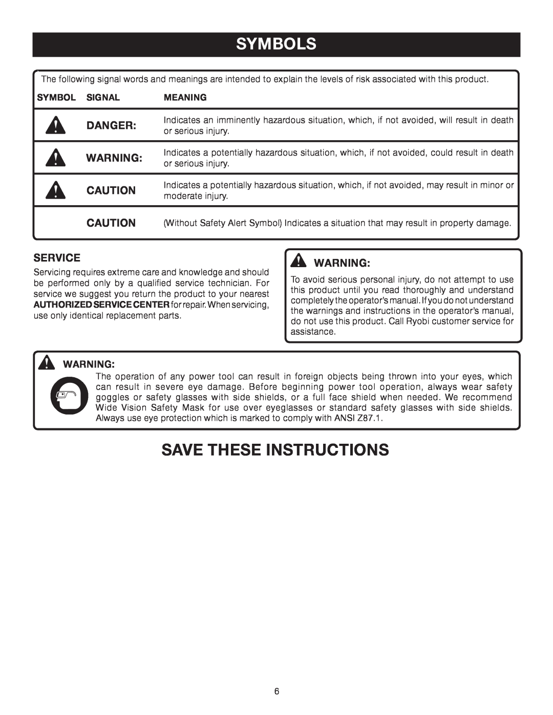 Ryobi P2600A manual Save These Instructions, Danger, Service, Symbols 