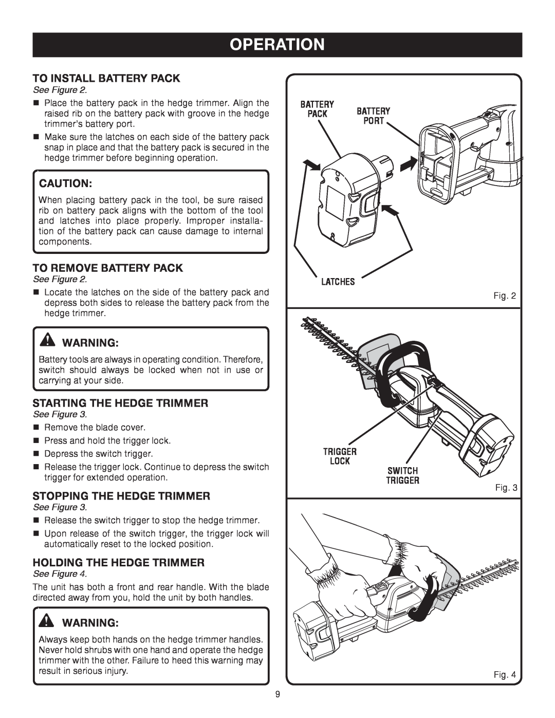 Ryobi P2600A manual To Install Battery Pack, To Remove Battery Pack, Starting The Hedge Trimmer, Stopping The Hedge Trimmer 
