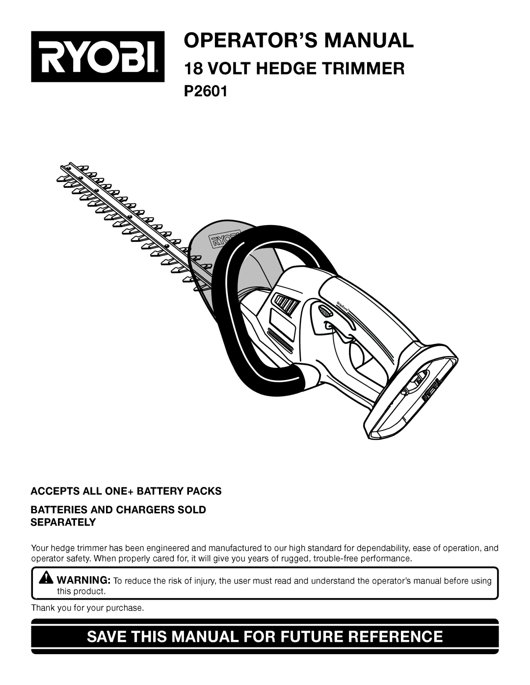 Ryobi P2601 manual OPERATOR’S Manual, Save this Manual for Future Reference 