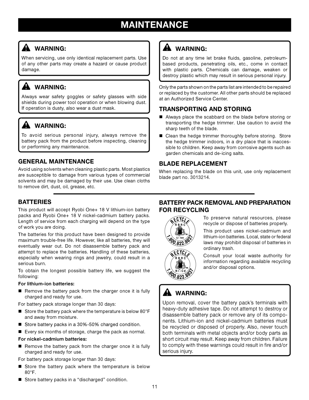 Ryobi P2601 manual Maintenance 