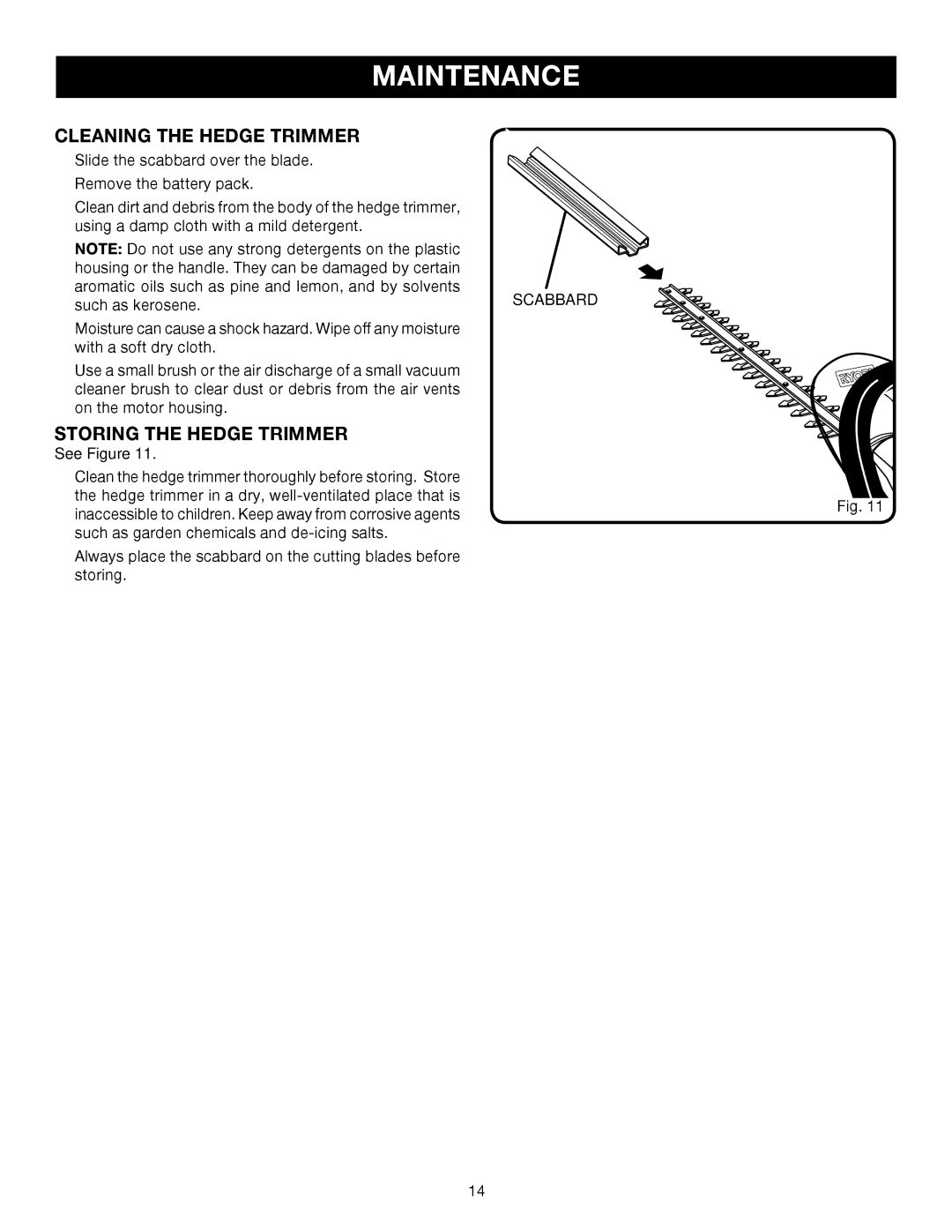 Ryobi P2601 manual Cleaning the Hedge Trimmer, Storing the Hedge Trimmer 