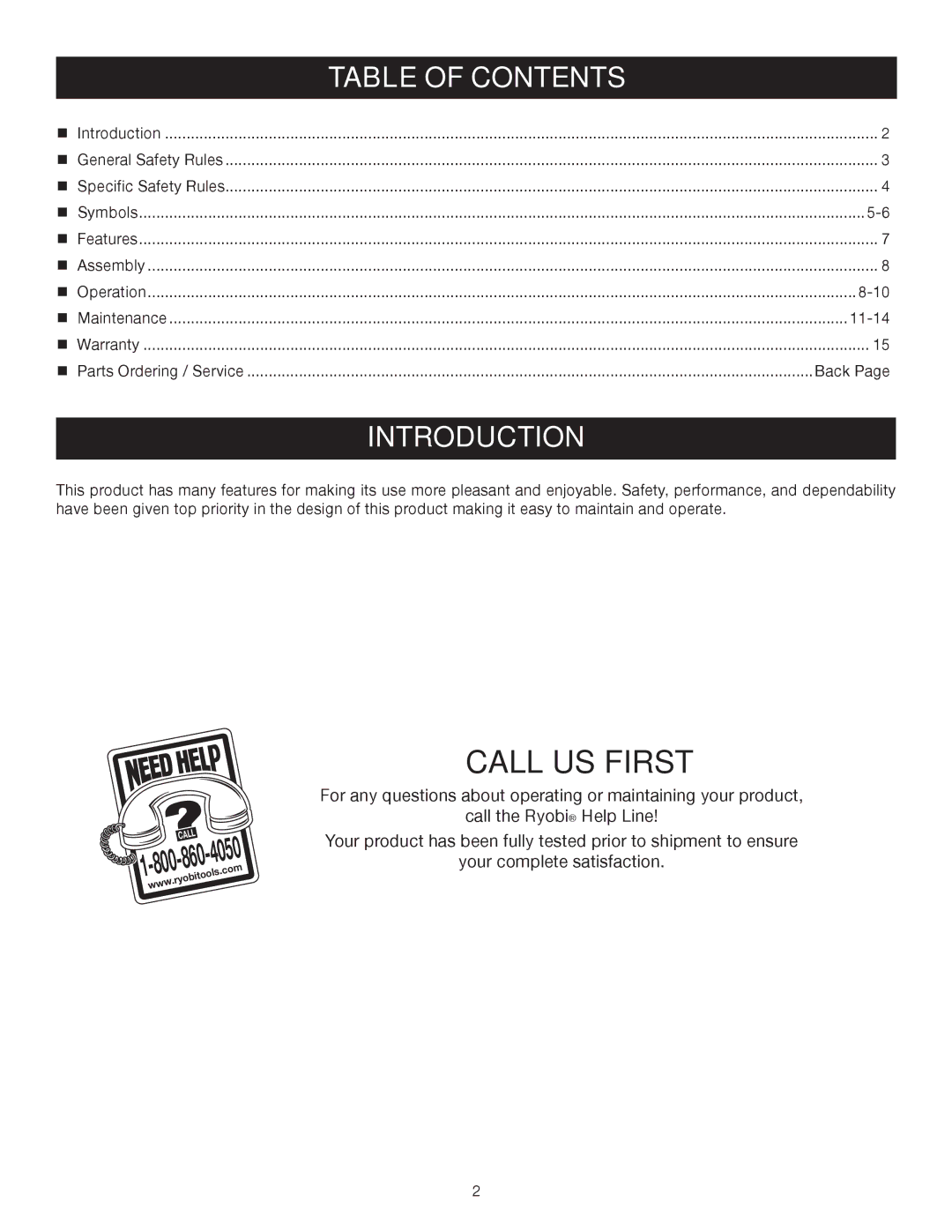 Ryobi P2601 manual Introduction, Table of Contents 