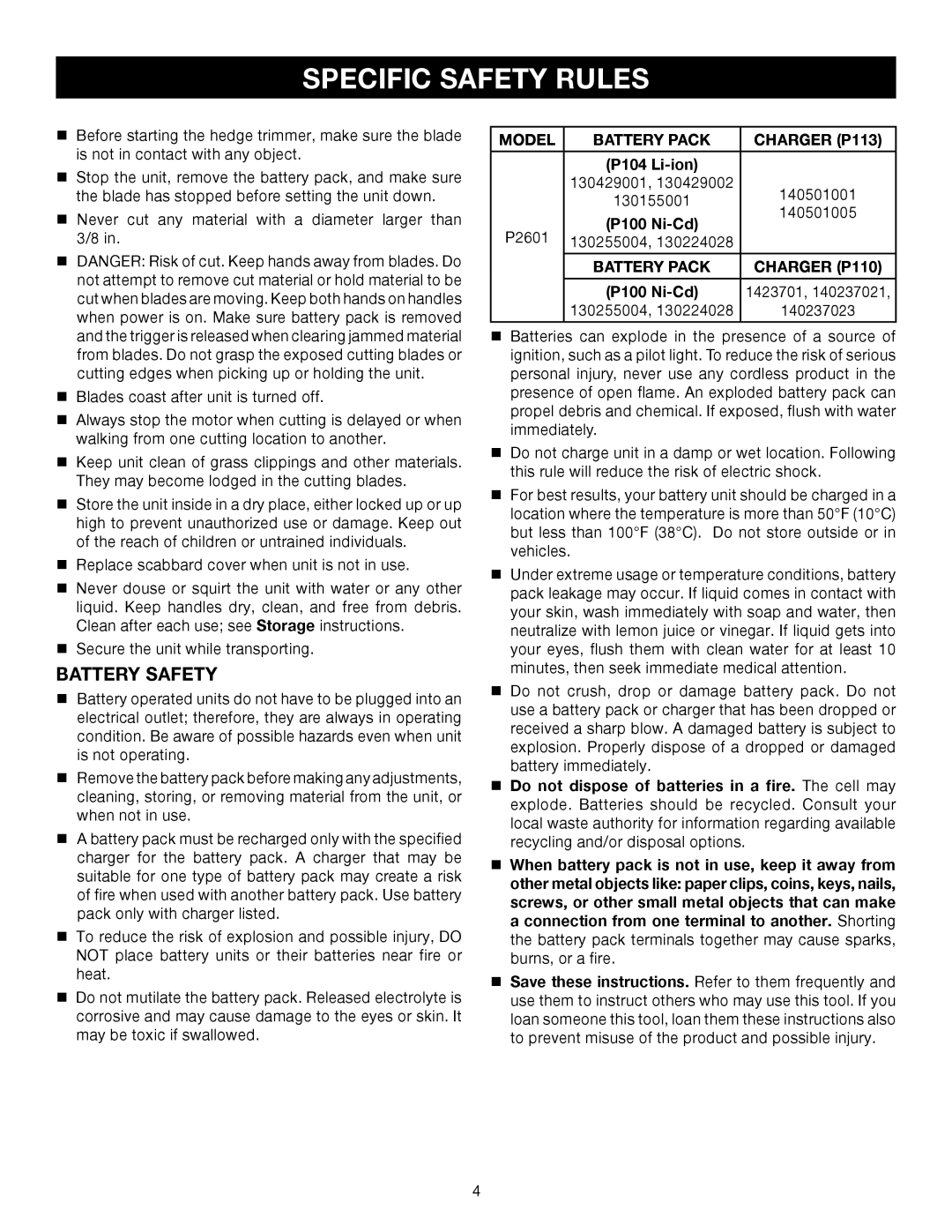 Ryobi P2601 manual Specific Safety Rules, Battery Safety 