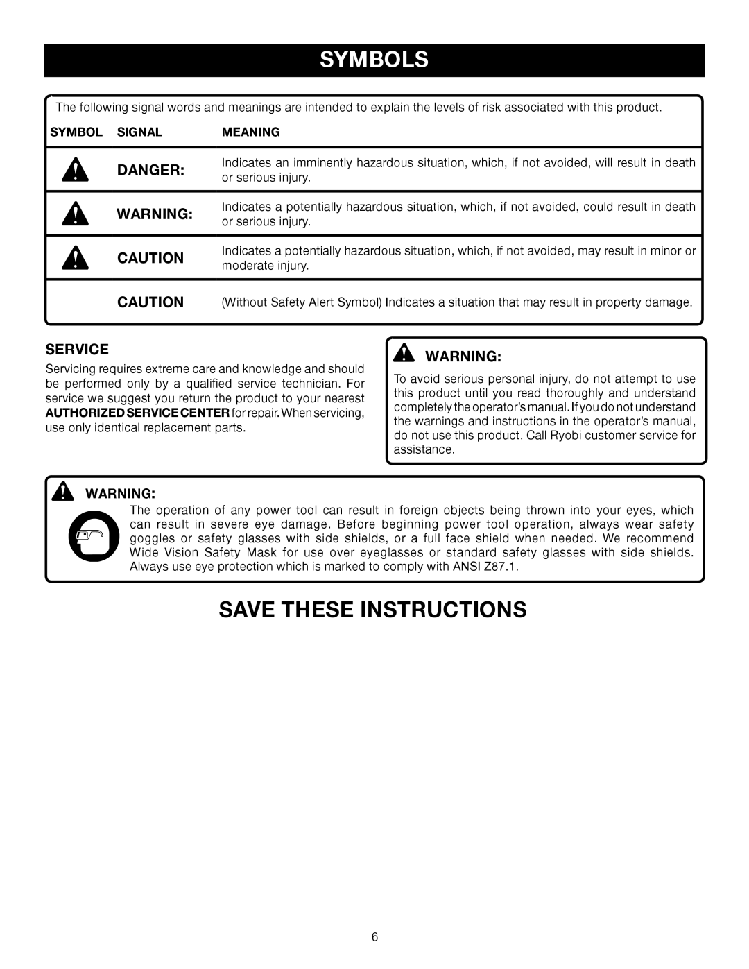 Ryobi P2601 manual Service, Symbol Signal Meaning 