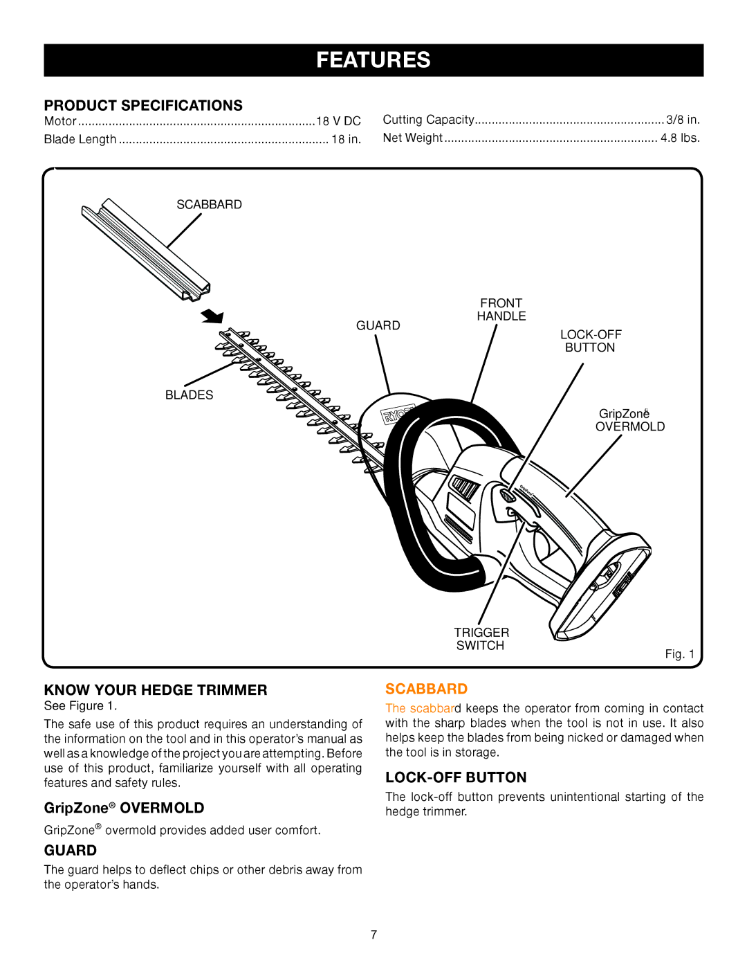 Ryobi P2601 manual Features, Product Specifications, Know Your Hedge Trimmer, Guard 