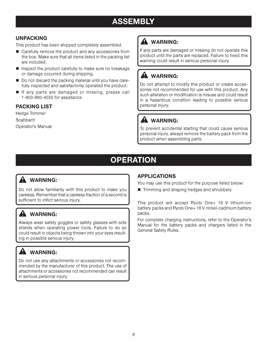 Ryobi P2601 manual Assembly, Operation, Unpacking, Packing List, Applications 