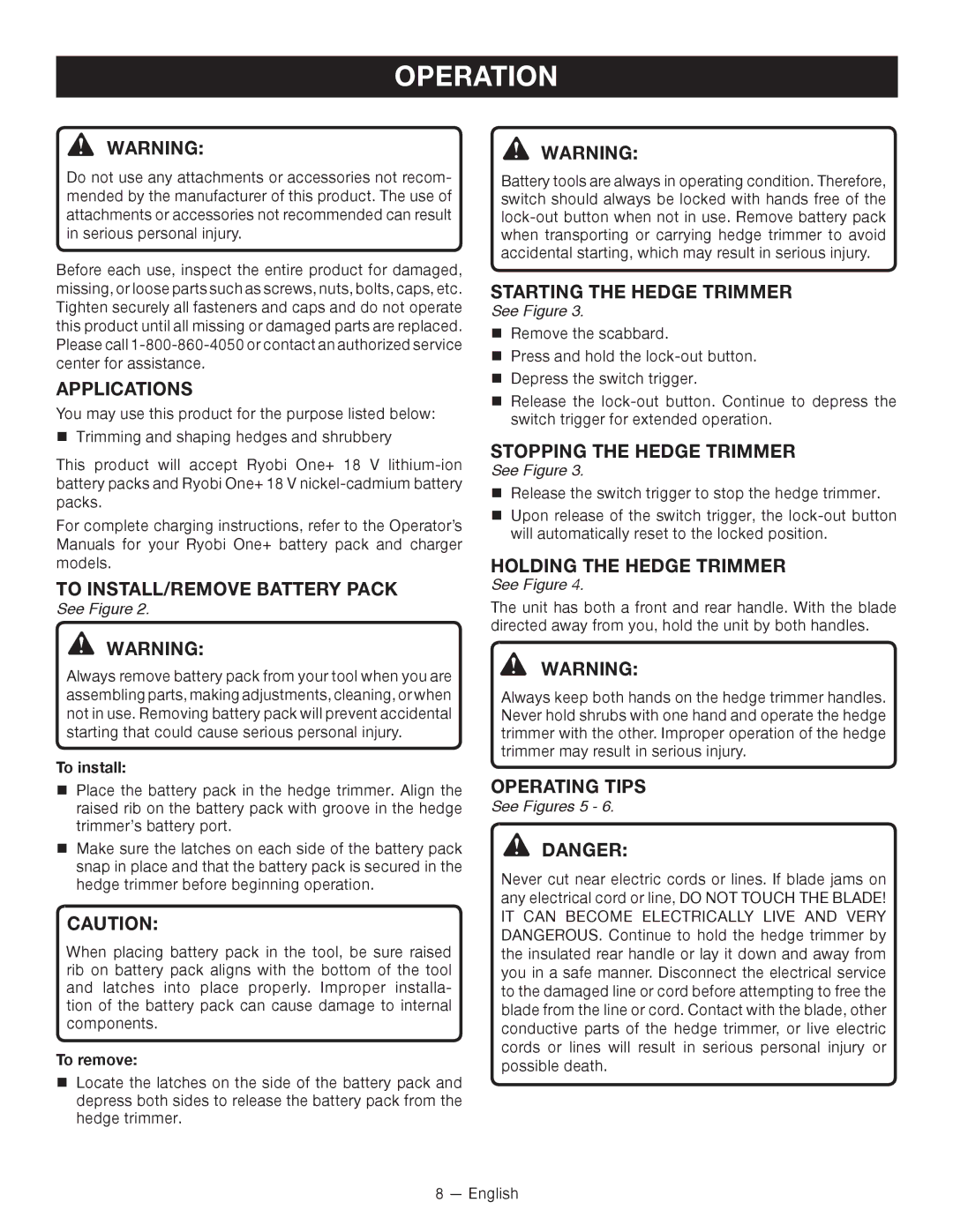 Ryobi P2602 manuel dutilisation Applications, Starting the Hedge Trimmer, Stopping the Hedge Trimmer, Operating Tips 