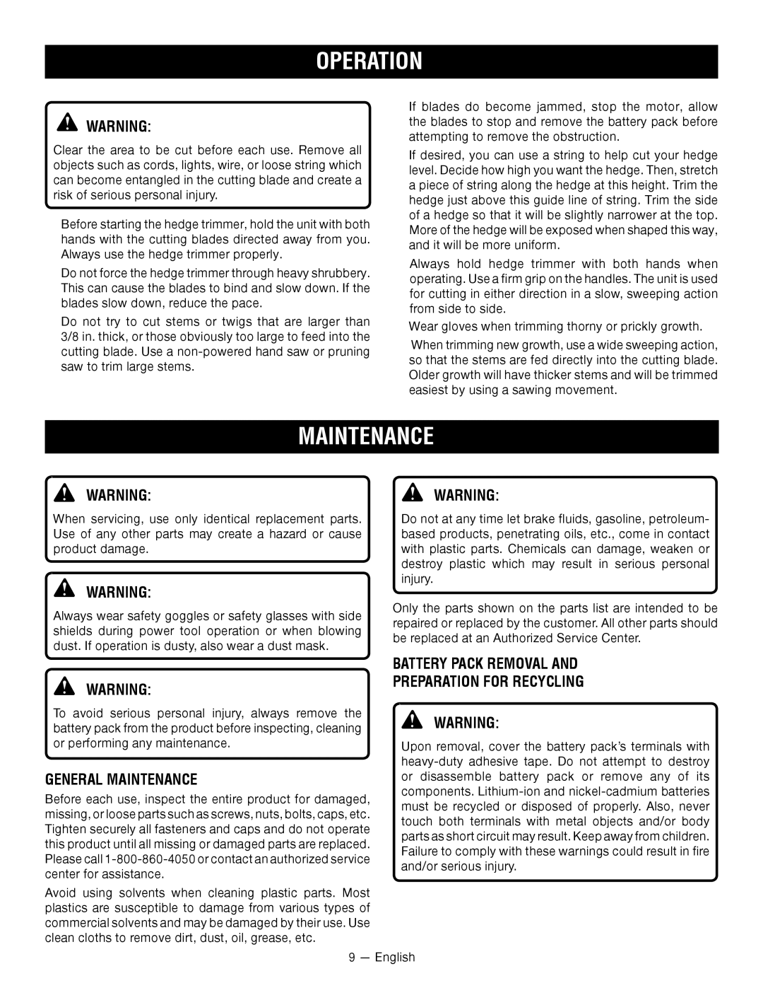 Ryobi P2602 manuel dutilisation General Maintenance, Battery Pack Removal Preparation for Recycling 