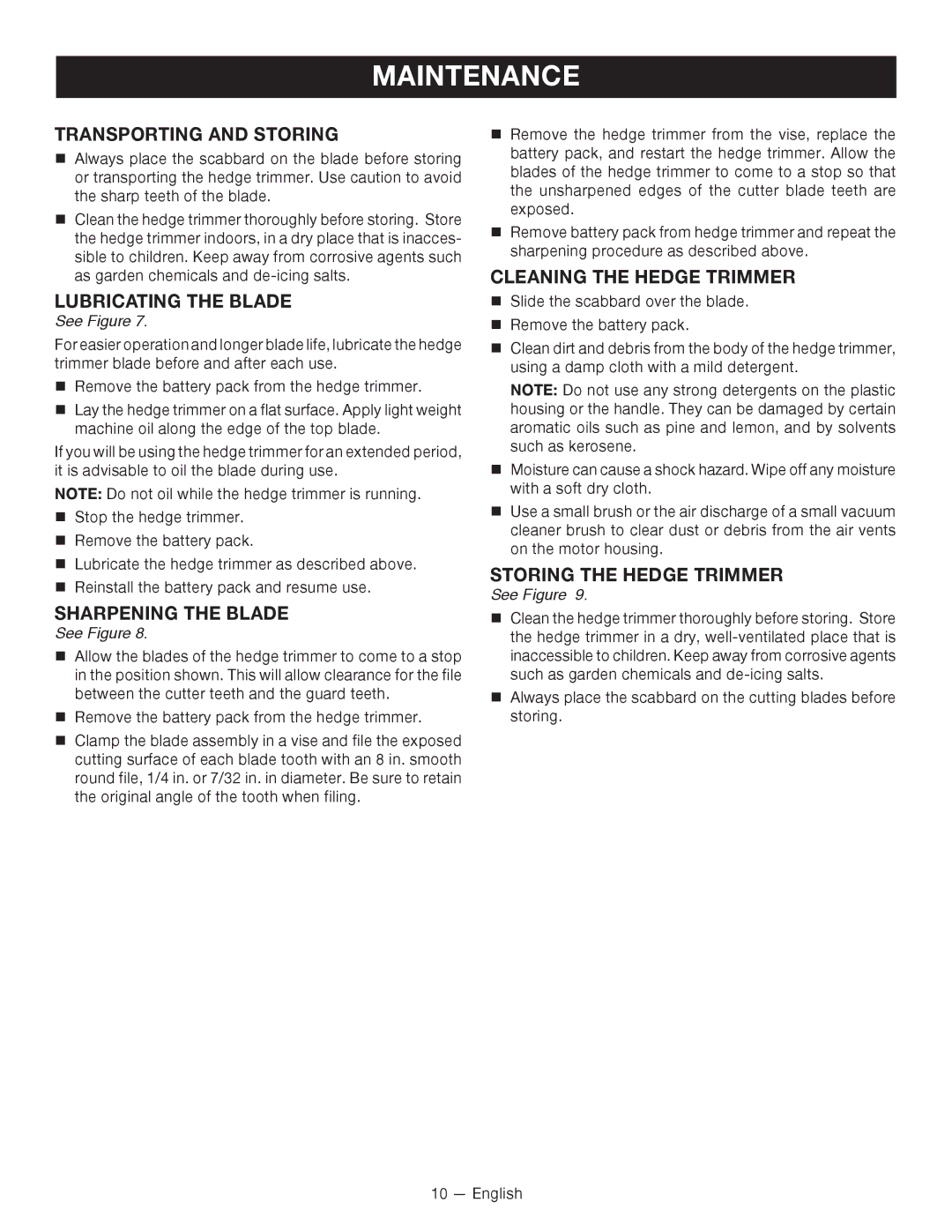 Ryobi P2602 Transporting and Storing, Lubricating the Blade, Sharpening the Blade, Cleaning the Hedge Trimmer 