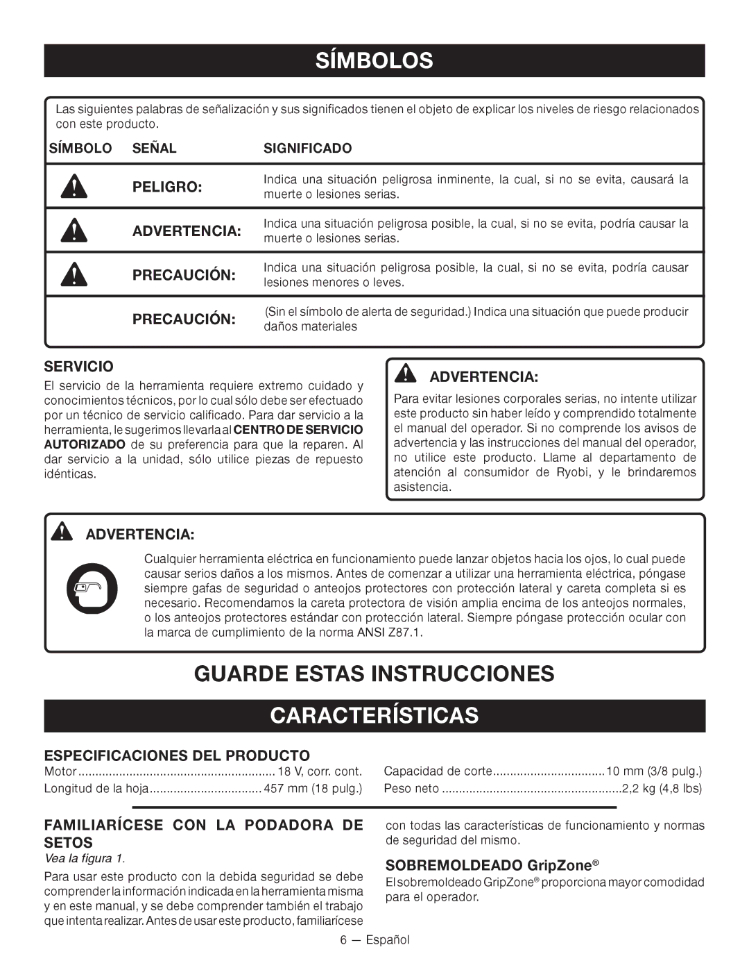 Ryobi P2602 manuel dutilisation Características 