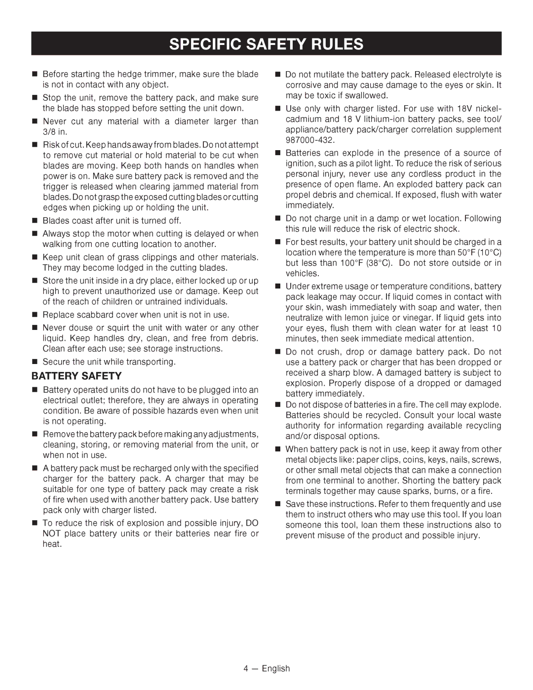 Ryobi P2602 manuel dutilisation Specific Safety Rules, Battery Safety 