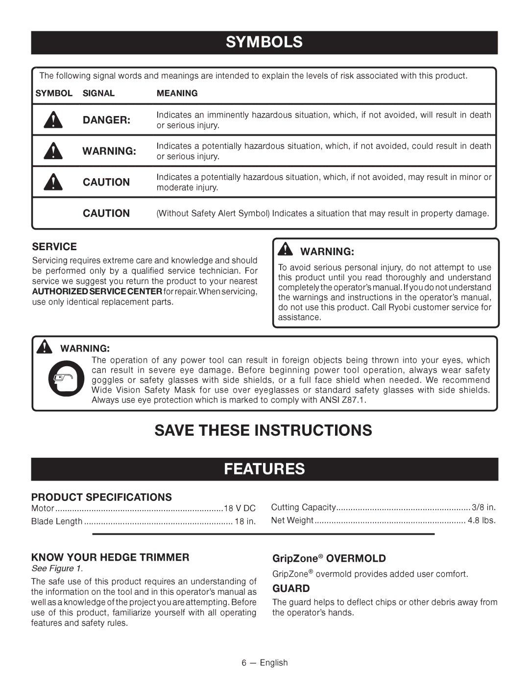 Ryobi P2602 manuel dutilisation Features, Service, Product Specifications, Know Your Hedge Trimmer, Guard 