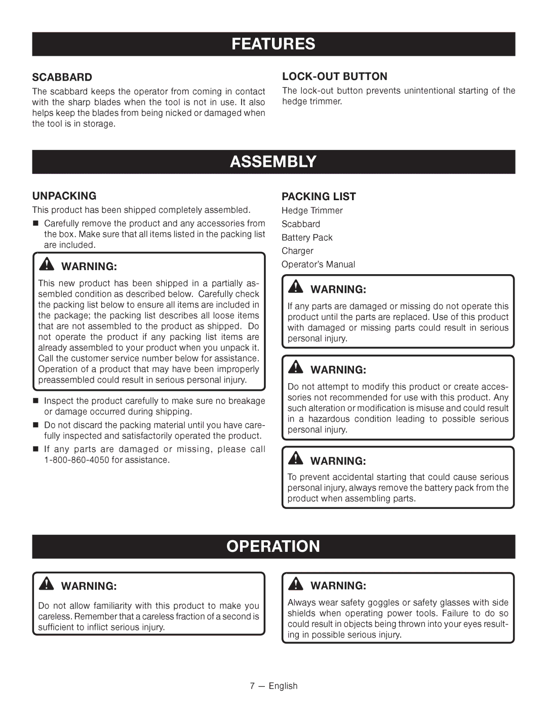 Ryobi P2602 manuel dutilisation Assembly, Operation, Unpacking, Packing List 