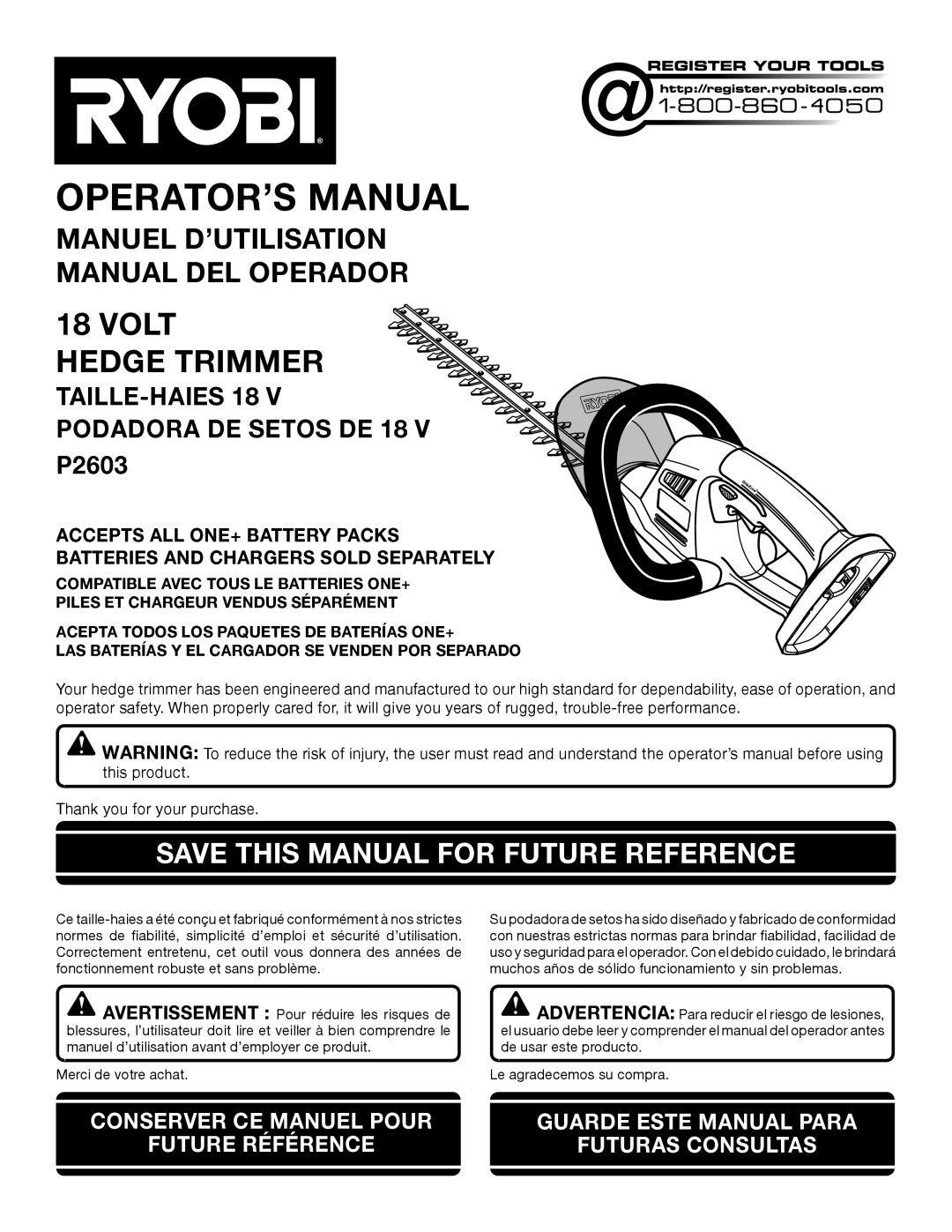 Ryobi P2603 manuel dutilisation Save this Manual for Future Reference, PileS ET Chargeur Vendus Séparément 