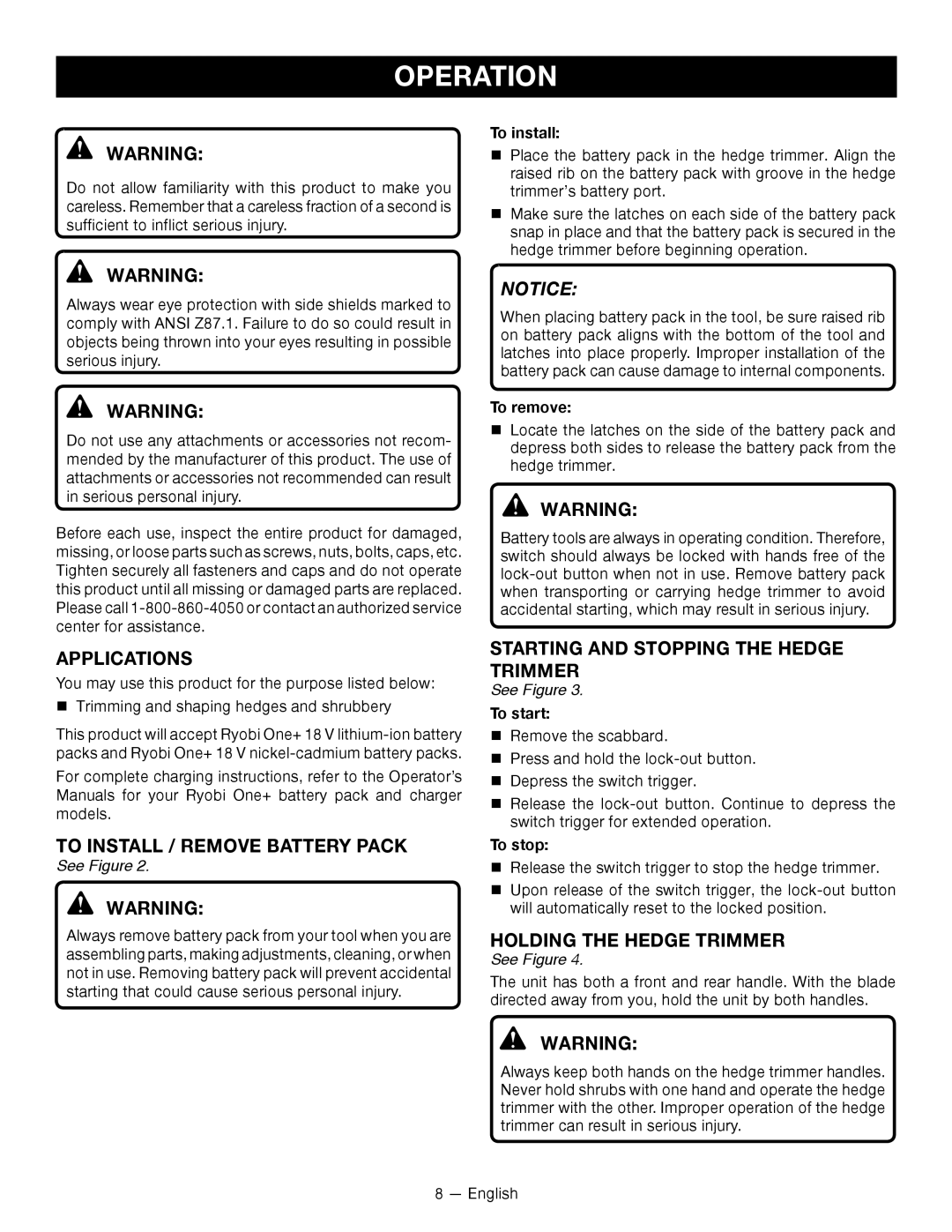 Ryobi P2603 Operation, Applications, To Install / remove Battery Pack, Starting And Stopping the Hedge Trimmer 