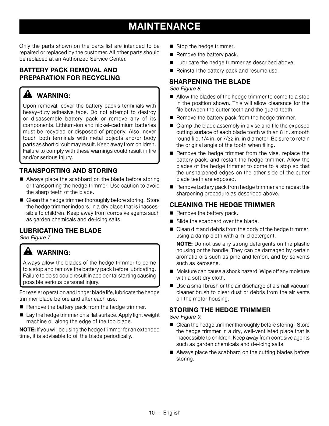 Ryobi P2603 Battery Pack Removal Preparation for Recycling, Transporting and Storing, Lubricating the Blade 