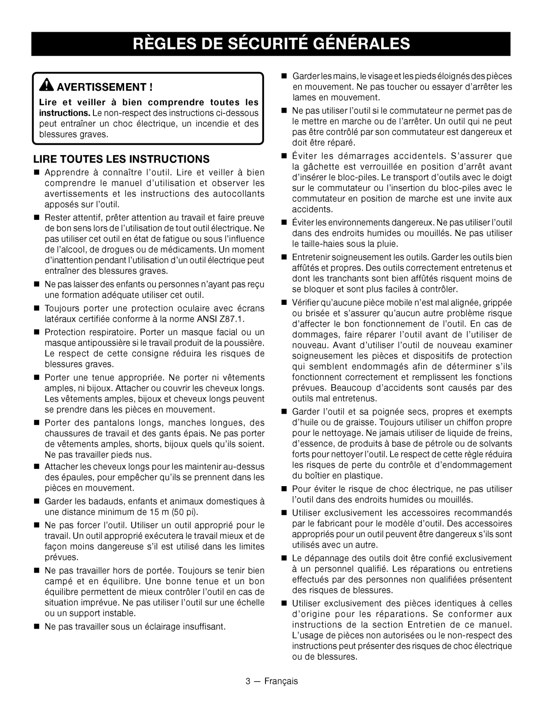 Ryobi P2603 manuel dutilisation Règles DE Sécurité Générales, Avertissement , Lire Toutes LES Instructions 