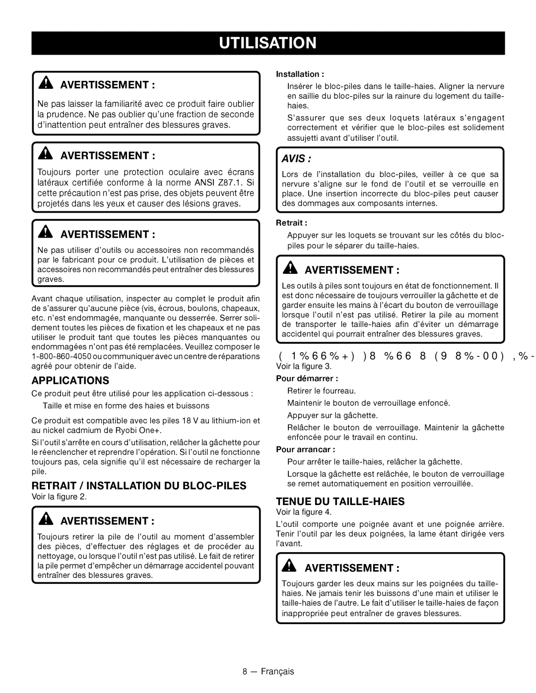 Ryobi P2603 Utilisation, Retrait / Installation DU Bloc-piles, Avertissement, Démarrage et Arrêt DU TAILLE-HAIES 