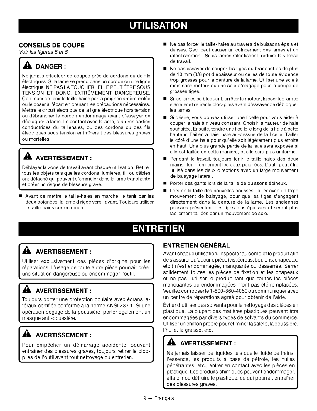 Ryobi P2603 manuel dutilisation Conseils de coupe, Entretien Général, Voir les figures 5 et 