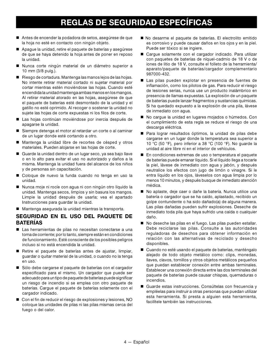 Ryobi P2603 manuel dutilisation Reglas DE Seguridad Específicas, Seguridad EN EL USO DEL Paquete de baterías 